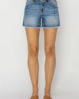 Light Gray RISEN High Rise Seam Detailed Raw Edge Denim Shorts