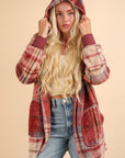 VERY J Fuzzy Plaid Long Sleeve Hooded Jacket