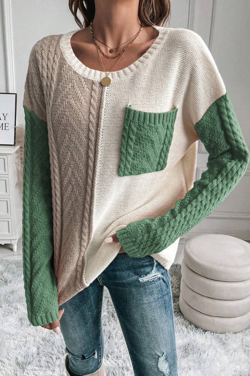 Gray Color Block Round Neck Long Sleeve Sweater