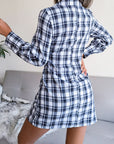 Gray Tied Plaid Long Sleeve Mini Shirt Dress