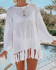 Gray Double Take Openwork Tassel Hem Long Sleeve Knit Cover Up Sentient Beauty Fashions Apparel & Accessories
