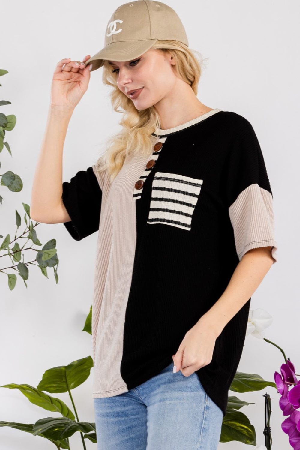 Black Celeste Full Size Rib Contrast Short Sleeve T-Shirt