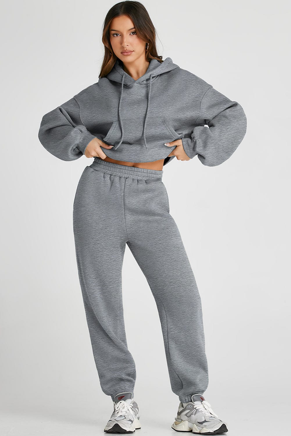 Light Gray Dropped Shoulder Hooded Top and Pants Active Set