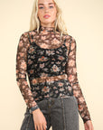 VERY J Floral Mock Neck Sheer Mesh Blouse