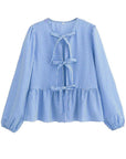 Sky Blue Tied Round Neck Long Sleeve Blouse