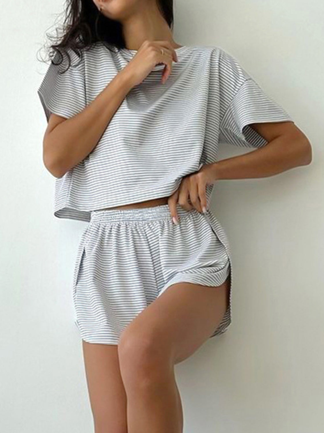 Gray Striped Round Neck Top and Shorts Set Sentient Beauty Fashions Apparel &amp; Accessories