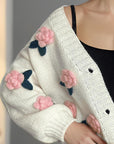 Flower Button Down V-Neck Long Sleeve Cardigan