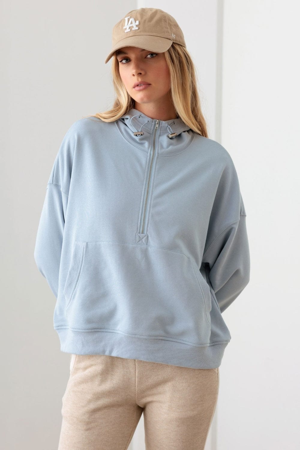 Light Gray Le Lis Half Zip Drawstring Mock Neck Hoodie