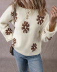 Flower Round Neck Long Sleeve Sweater