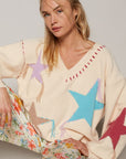 POL V-Neck Long Sleeve Star Fringe Sweater