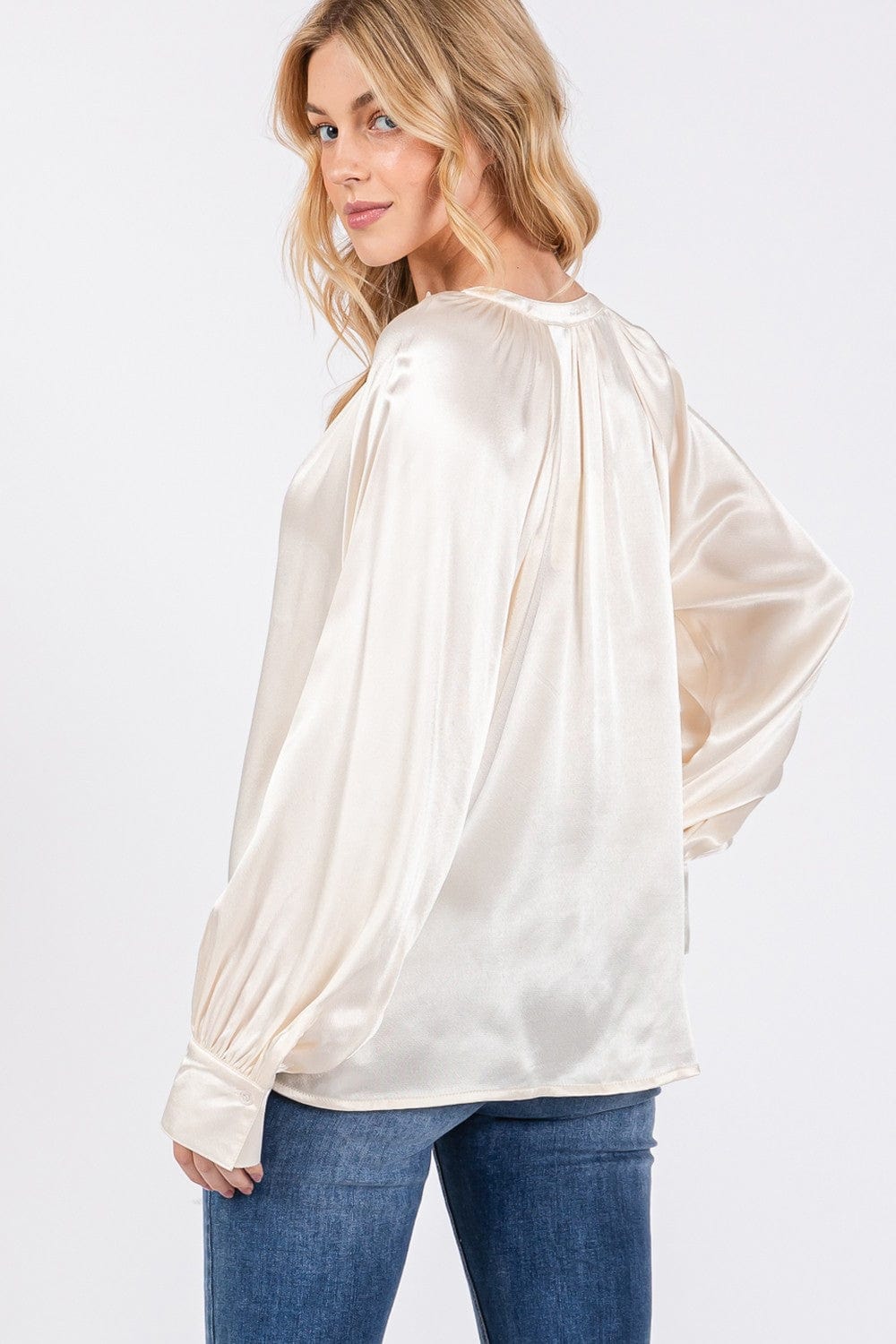 Misty Rose SAGE + FIG Notched Long Sleeve Blouse