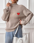 Heart Turtleneck Dropped Shoulder Long Sleeve Sweater