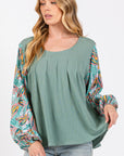 Light Gray SAGE + FIG Ruched Round Neck Printed Bubble Sleeve Top Sentient Beauty Fashions Apparel & Accessories