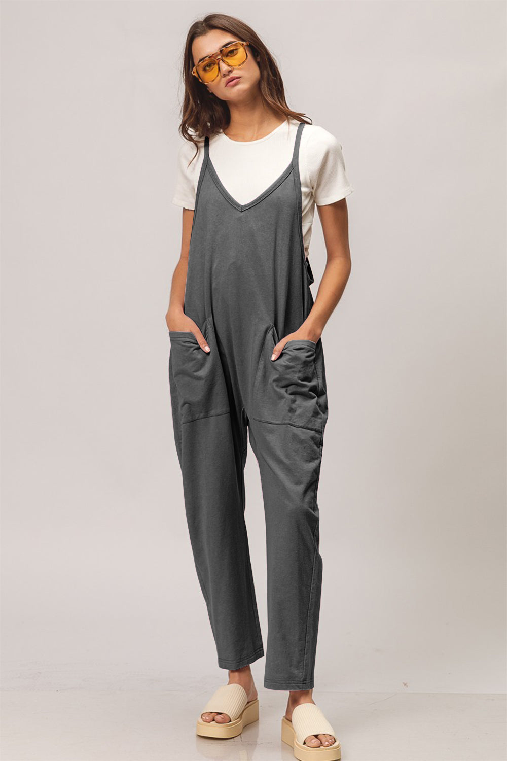 Light Gray BiBi Washed Sleeveless Overalls with Front Pockets Sentient Beauty Fashions Apparel & Accessories