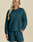 Double Take Full Size Texture Round Neck Long Sleeve Top and Shorts Set