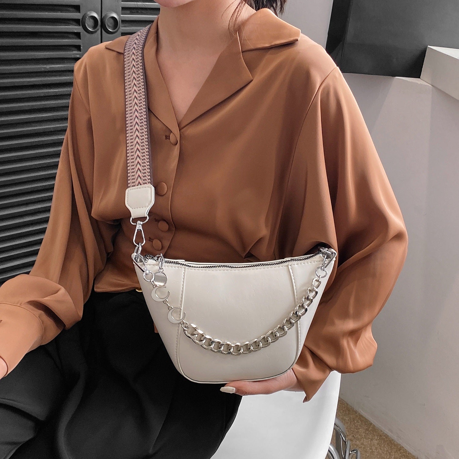 Dim Gray PU Leather Chain Trim Crossbody Bag Sentient Beauty Fashions bags