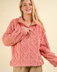 VERY J Fuzzy Fleece Half Zip Cable Pattern Sweatshirt