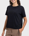 Black Drawstring Round Neck Short Sleeve Active T-Shirt