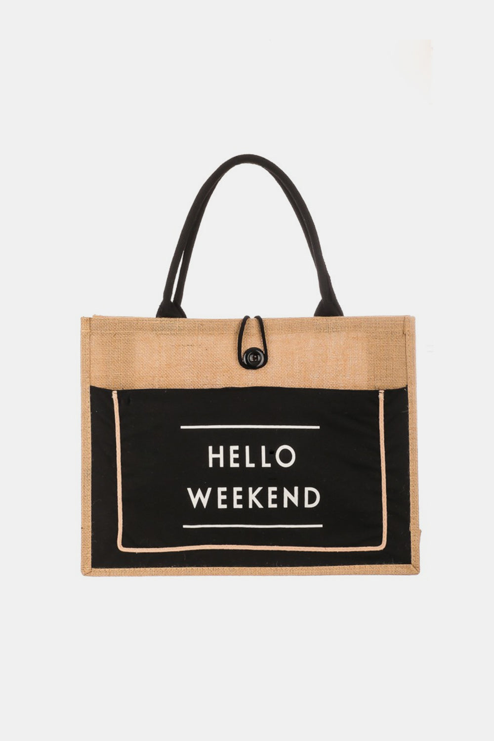 Black Fame Hello Weekend Burlap Tote Bag Sentient Beauty Fashions *Accessories