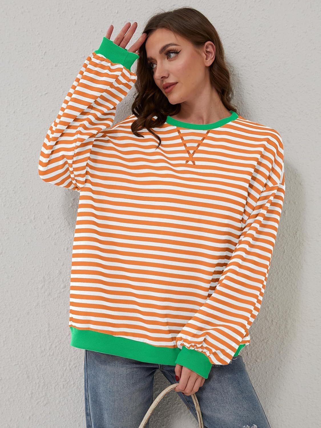 Gray Contrast Striped Long Sleeve Sweatshirt