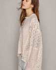 Gray POL Round Neck Long Sleeve Raw Edge Lace Top