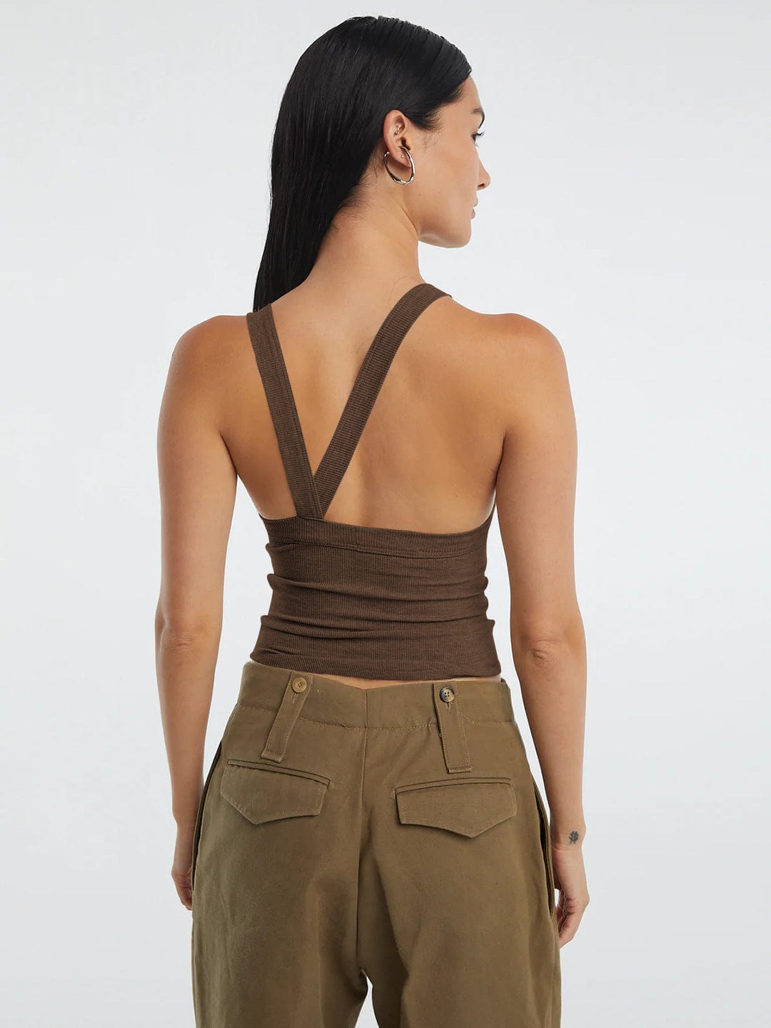 Dark Olive Green Halter Neck Ribbed Cropped Top