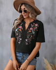 Light Slate Gray Embroidered Notched Short Sleeve T-Shirt