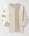 Cable-Knit Color Block Round Neck Sweater