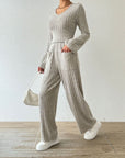 Ribbed V-Neck Long Sleeve Top and Pocketed Pants Set