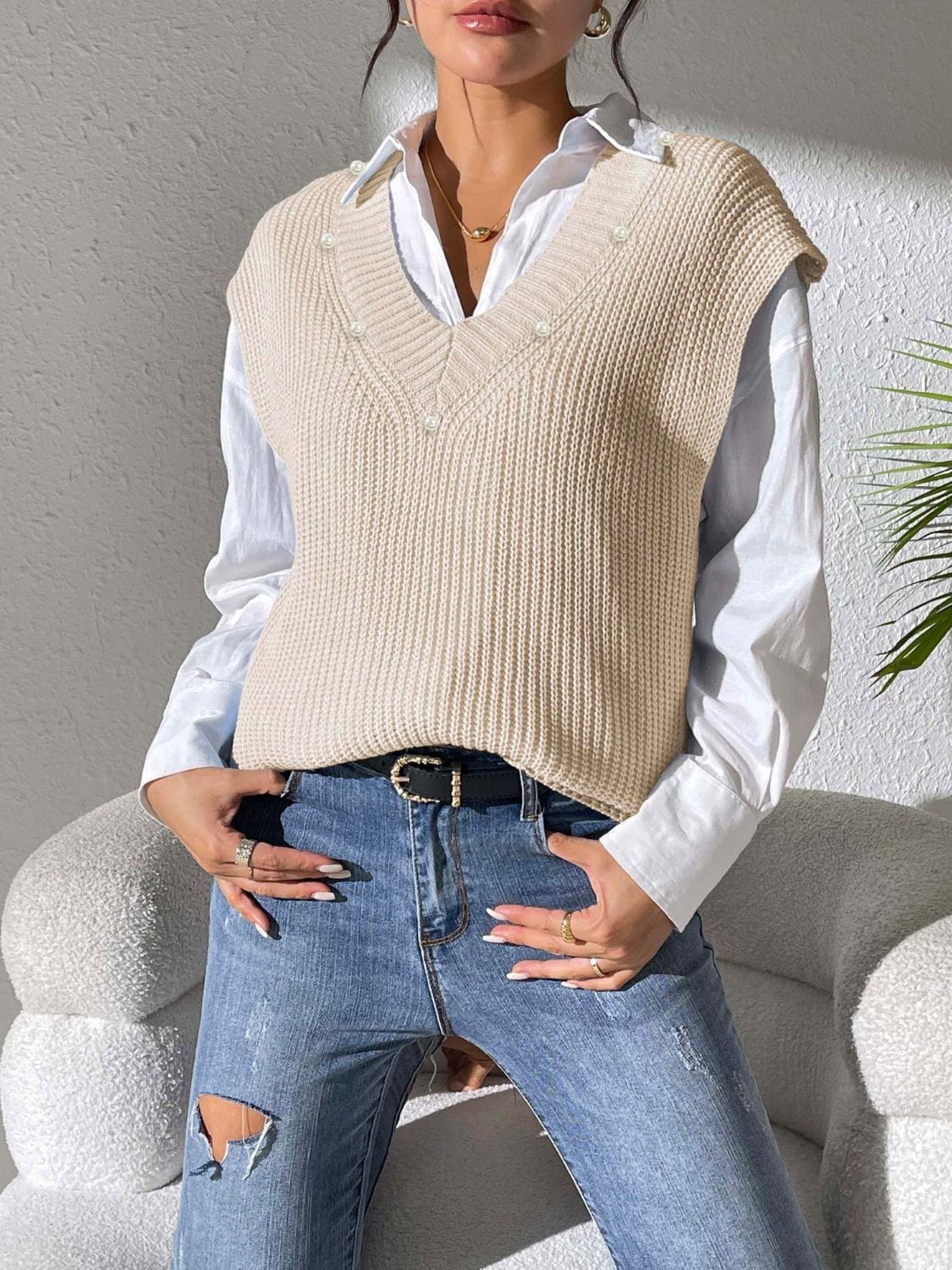 Light Slate Gray Pearl Trim V-Neck Sweater Vest