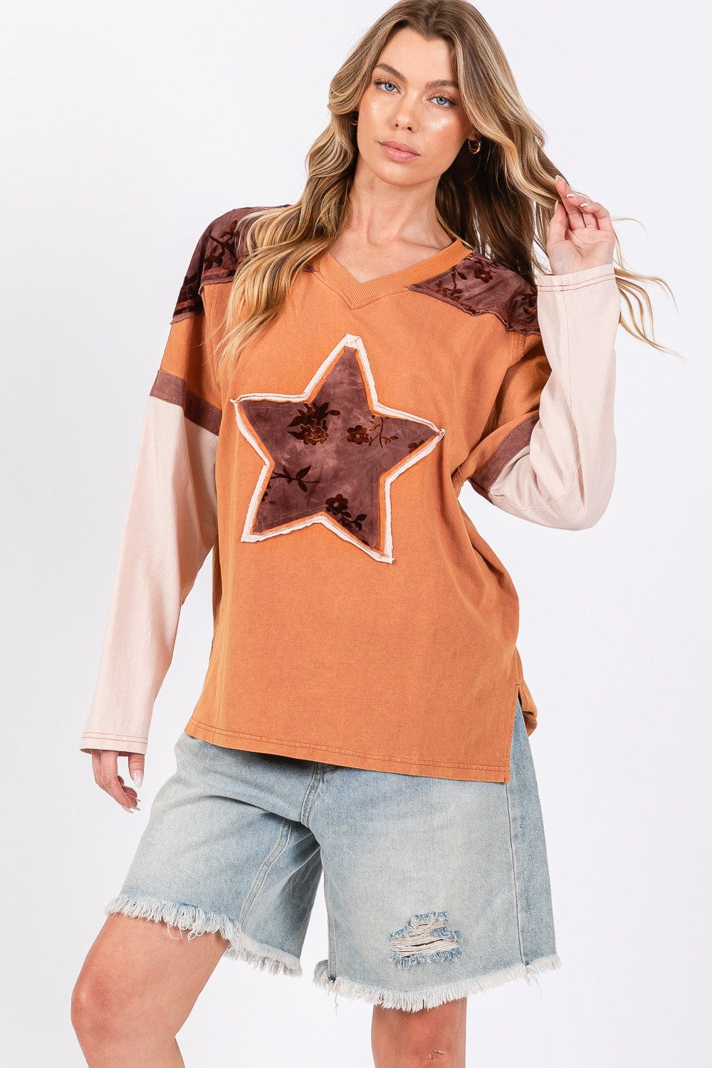 Antique White SAGE + FIG Star Patch Long Sleeve Color Block T-Shirt