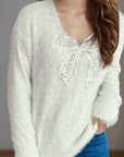 Bow Pearl Detail V-Neck Long Sleeve Sweater