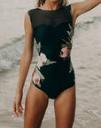 Dark Gray Full Size Cutout Printed Sleeveless One-Piece Swimwear