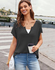 Notched Short Sleeve Knit Top