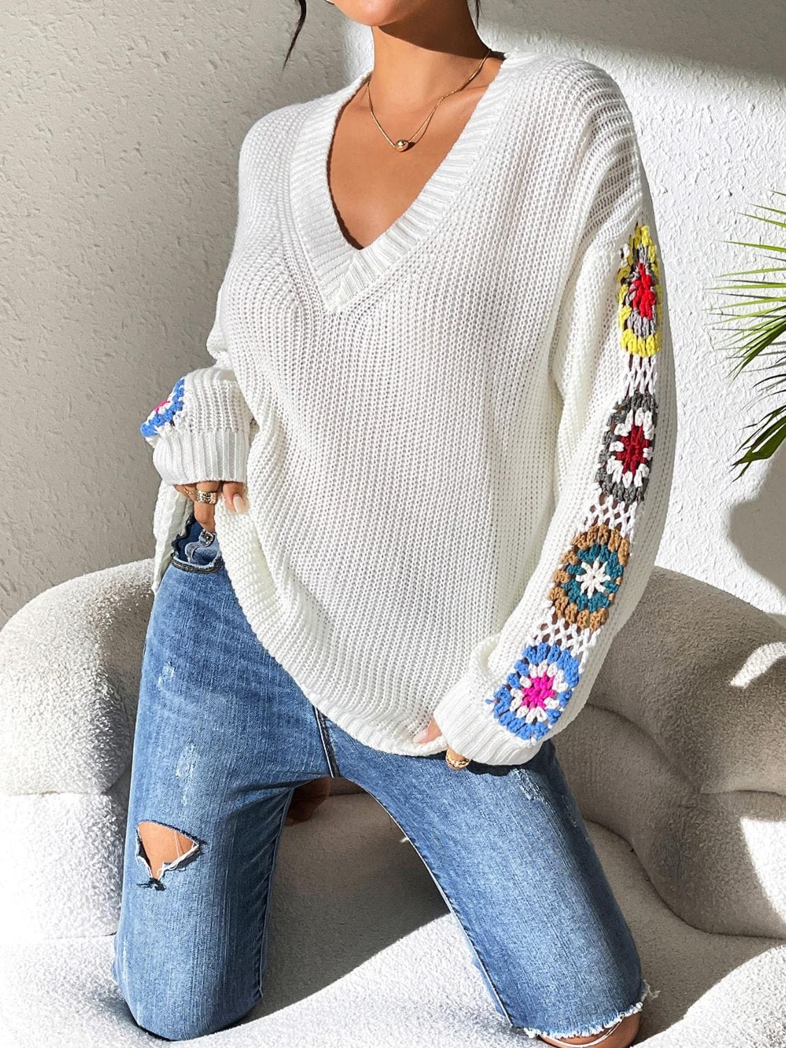 Gray Crochet Flower V-Neck Sweater