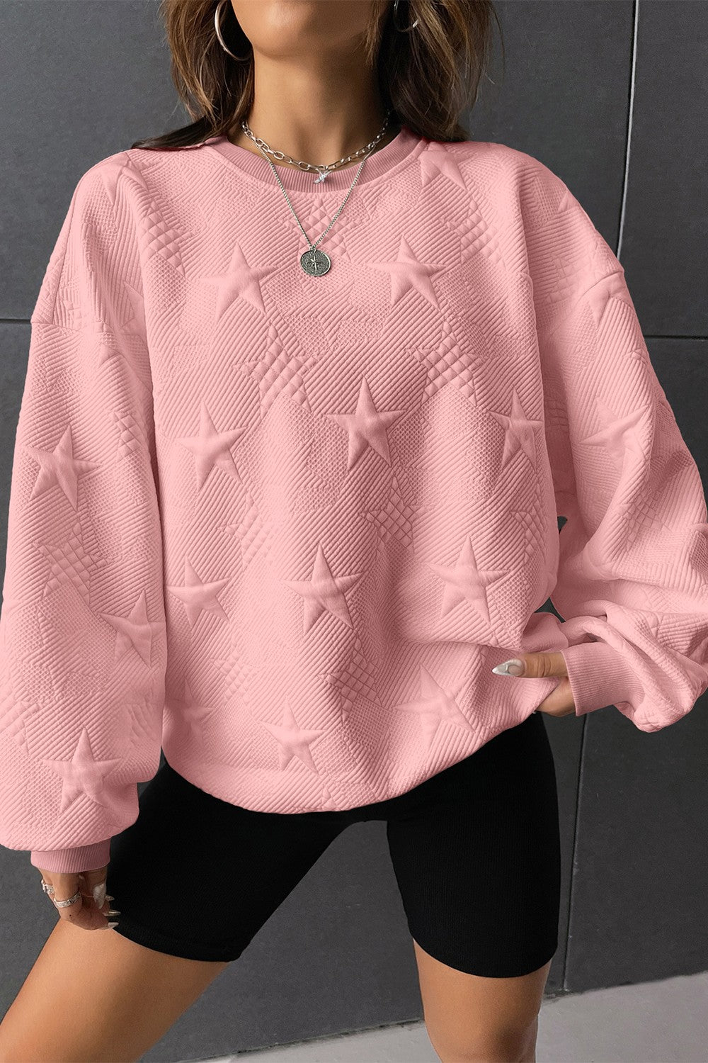 Rosy Brown Star Lantern Sleeve Dropped Shoulder Sweatshirt Sentient Beauty Fashions Apparel &amp; Accessories