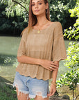 Dark Khaki Openwork Round Neck Half Sleeve Knit Top