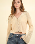 VERY J V-Neck Lace Detail Button Down Crop Ribbed Knit Top