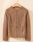 PU Leather Round Neck Long Sleeve Jacket