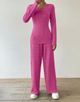 Ribbed V-Neck Long Sleeve Top and Pocketed Pants Set