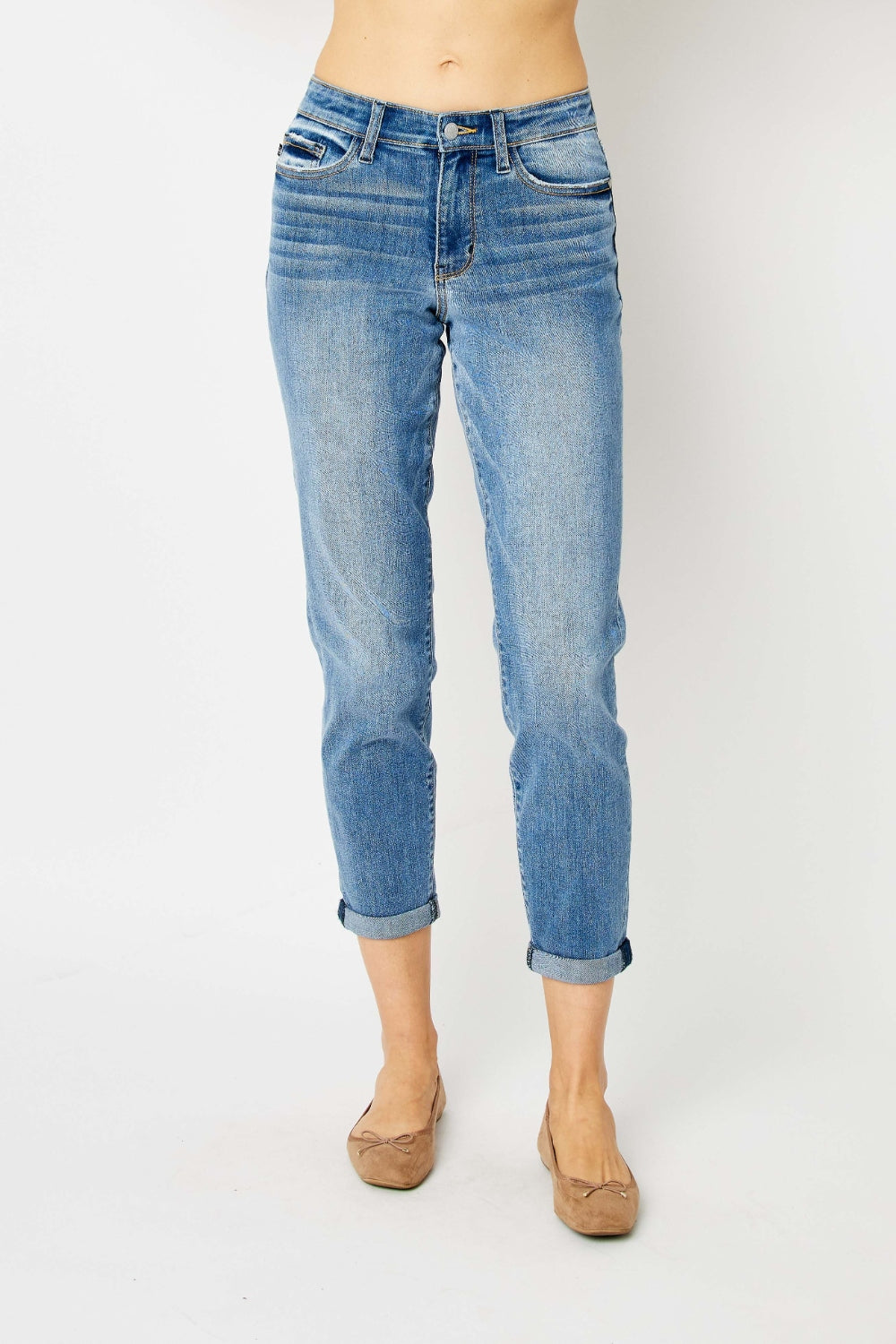 Beige Judy Blue Full Size Cuffed Hem Slim Jeans Sentient Beauty Fashions Apaparel & Accessories