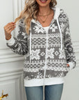 Drawstring Snowflake Zip Up Hooded Outerwear