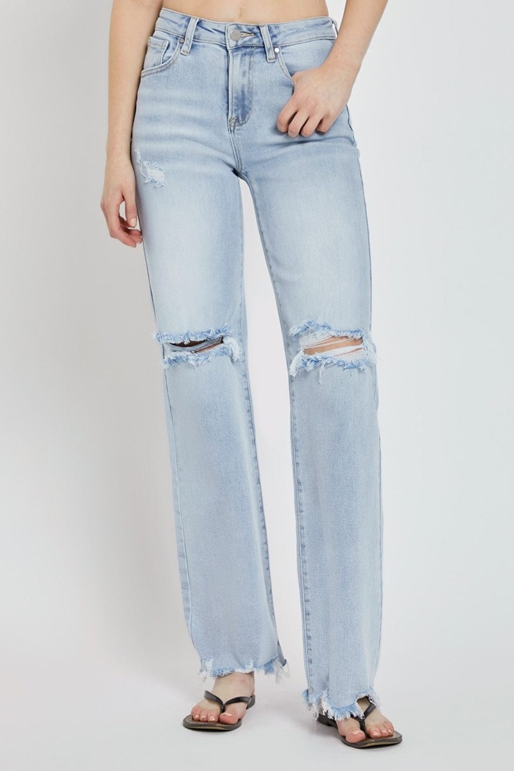 Light Gray Risen Full Size High Rise Distressed Wide Leg Jeans