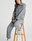 Light Gray Dropped Shoulder Hooded Top and Pants Active Set