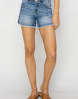 Light Gray RISEN High Rise Seam Detailed Raw Edge Denim Shorts