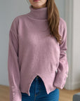 Front Slit Decorative Button Turtleneck Sweater