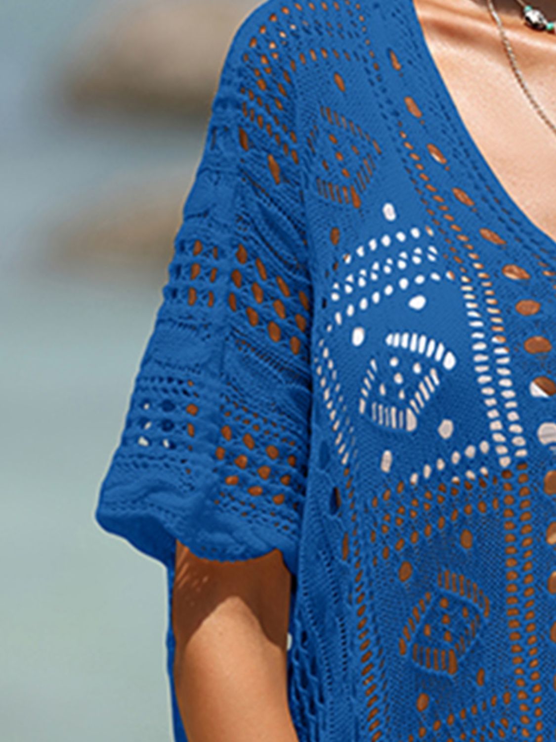 Dark Slate Blue Openwork Half Sleeve Cover-Up Sentient Beauty Fashions Apparel &amp; Accessories