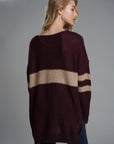 Slit Contrast V-Neck Long Sleeve Sweater