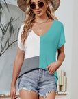 Color Block V-Neck Short Sleeve Knit Top