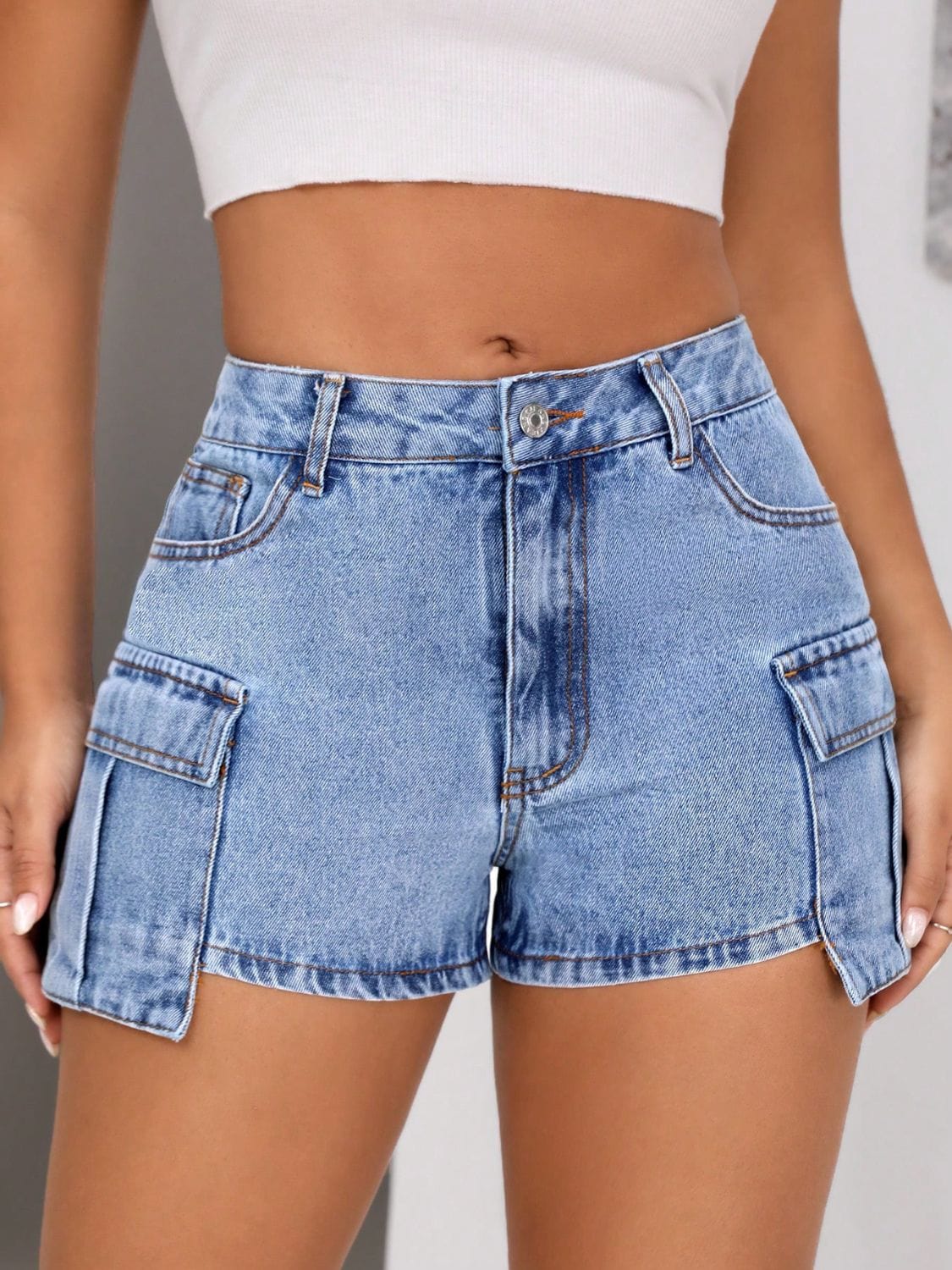 Rosy Brown Mid-Rise Waist Denim Shorts with Pockets